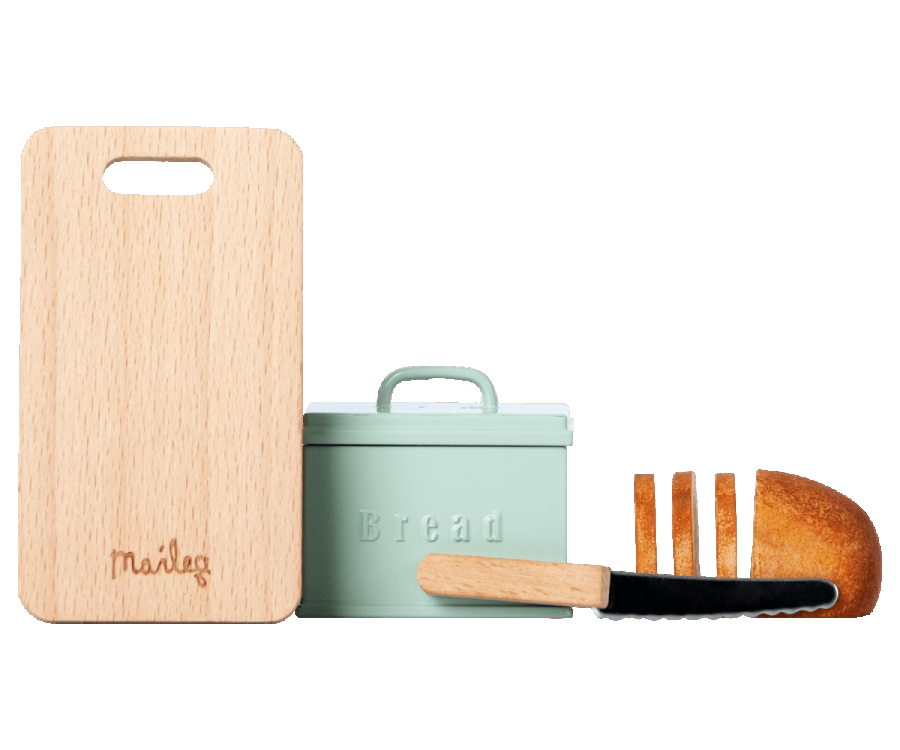 Caja de pan en miniatura con tabla de cortar y cuchillo MAILEG