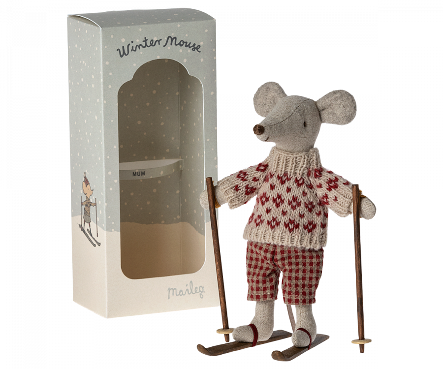 Navidad.Ratón de invierno con juego de esquí, Mamá MAILEG