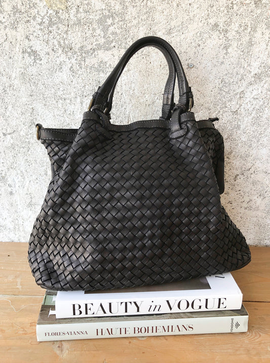Bolso de piel trenzada mediano negro