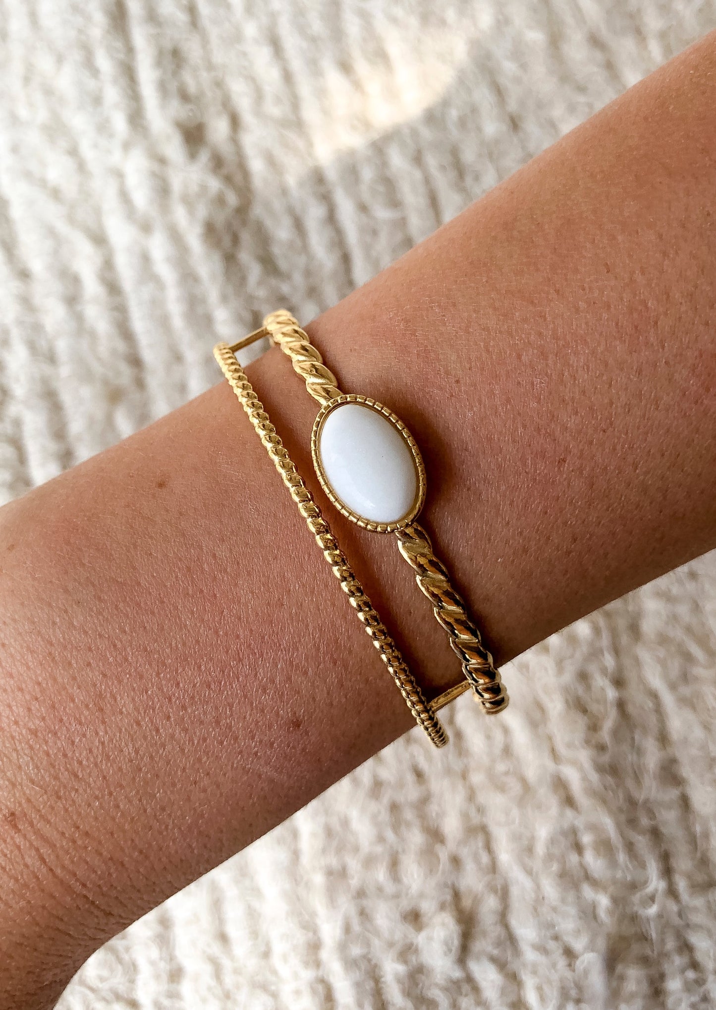 PULSERA DOBLE RIZO PIEDRA BLANCA  ı ACERO ı ORO